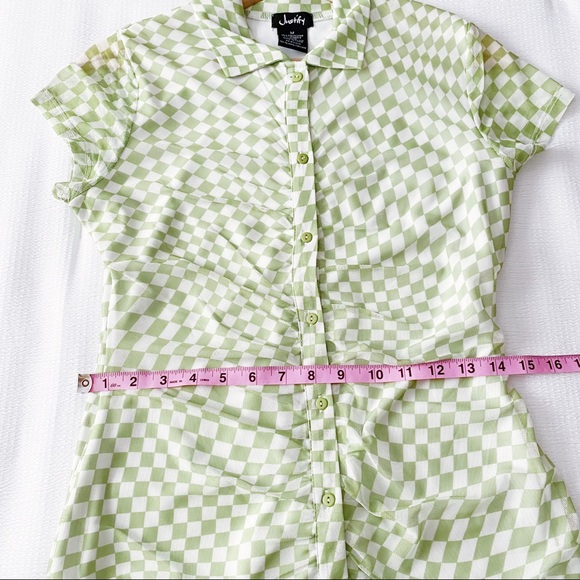 NWT Green & White Checkerboard Print Button Down Mesh Dress - Picture 8 of 12